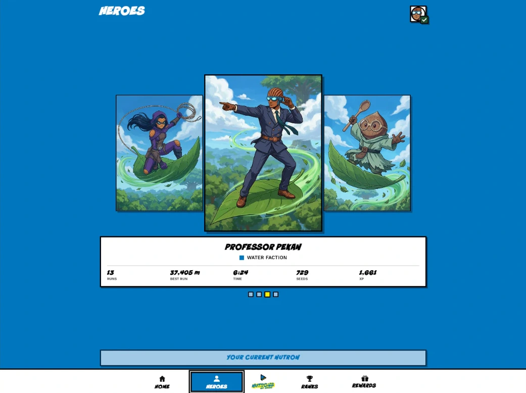 Heroes — four Nutrons, stats per hero