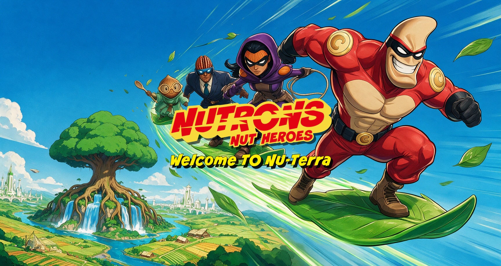 Nutrons hub hero: four nut superheroes surf leaves past the World Tree of Nu-Terra under the Nutrons logo.